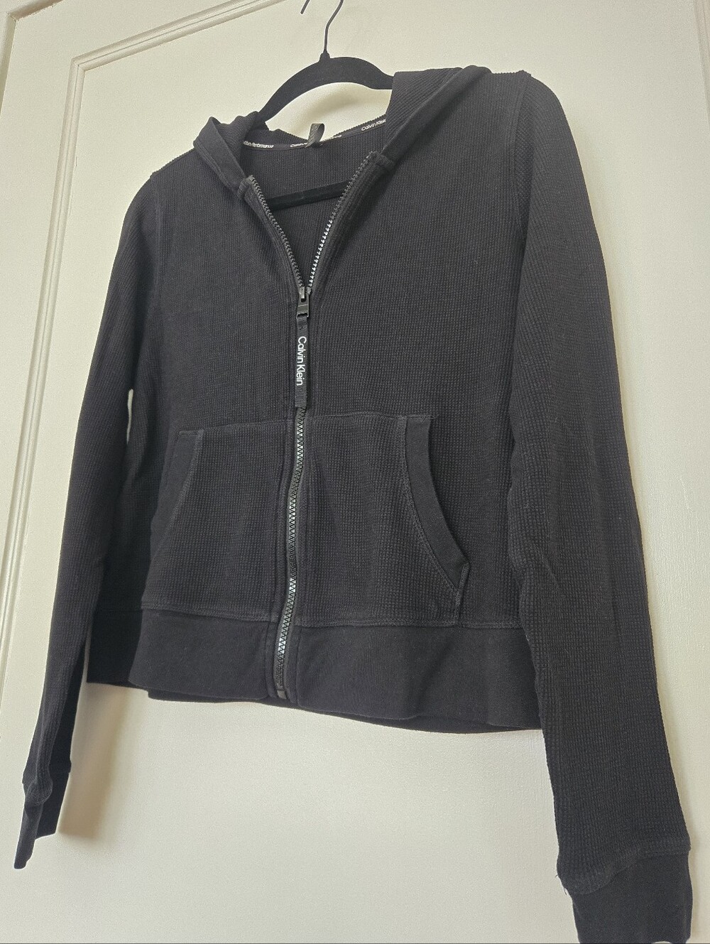 Calvin Klein Performance Black Waffle Knit Full Zip Hoodie Jacket Pockets Large